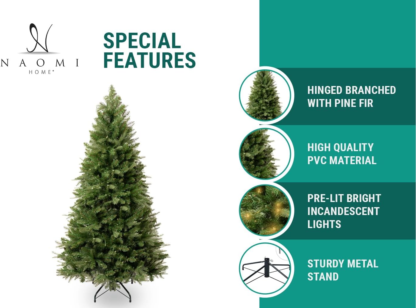 Naomi Home 7.5ft Christmas Tree with Lights, Realistic Fir Prelit with 1746 Branch Tips, 550 Warm Lights and Metal Stand, Aritificial Tree, +ürbol De Navidad