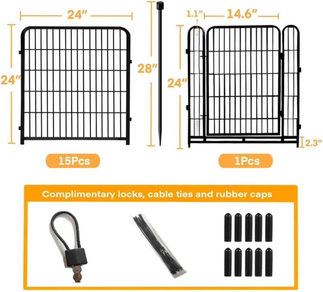 24 in(H) Decorative Garden Fence with Gate,16 Panels Total 31.4 Ft(L) Heavy Duty Iron Animal Barrier Fence for Yard,Suitable for Indoor Pet Or Outdoor Dog Fencing, Garden Border Fence
