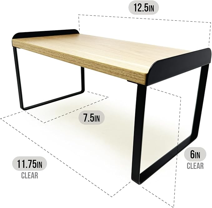 Mitus Shelf Organizer and Storage, Tiered Wood Cabinet Rack for The Kitchen Counter, Bathroom Counter, Pantry Cupboard, Office Desk Bookshelf, 12" Wide Natural and Black