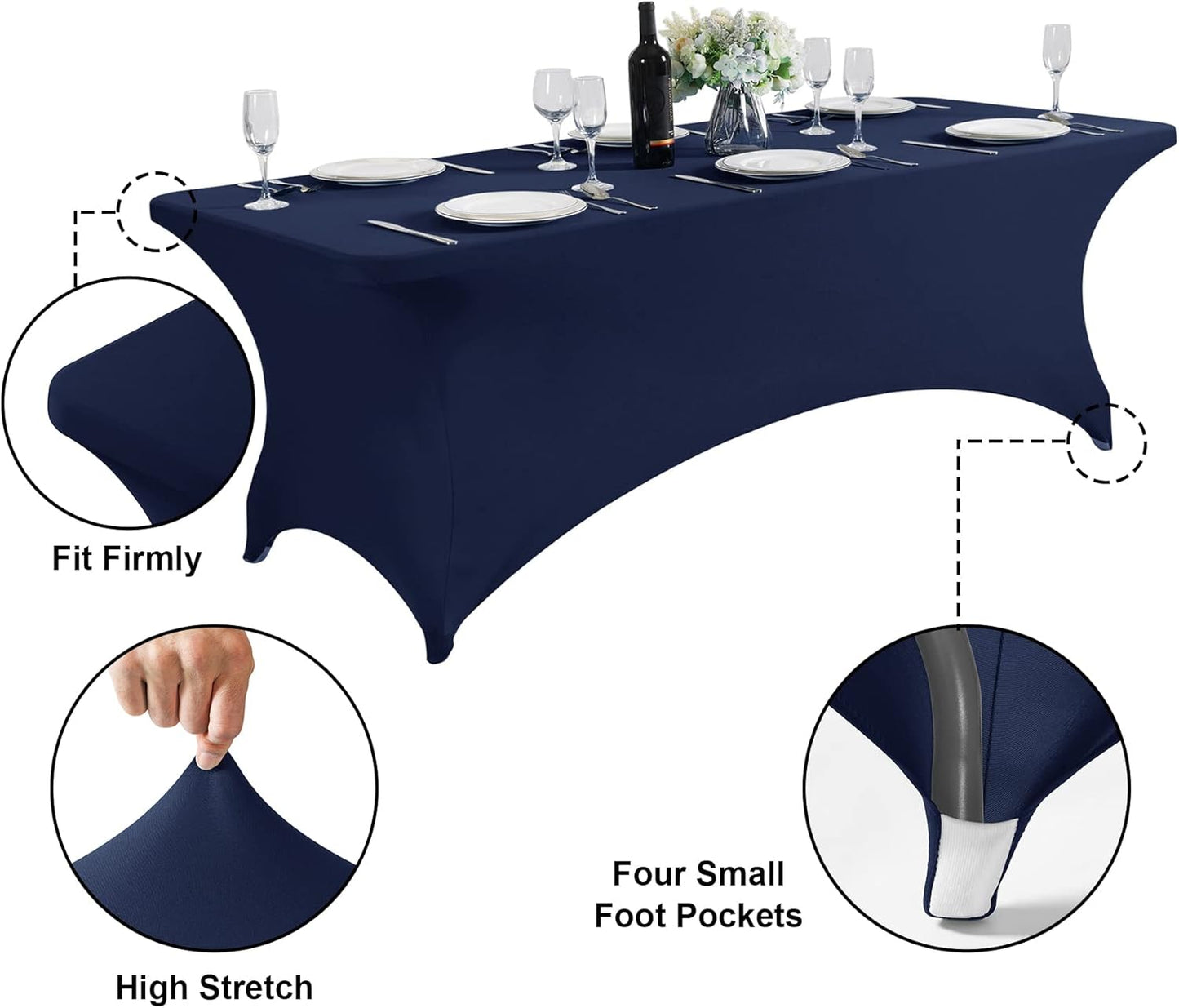SuperO 2Pack Waterproof Spandex Table Cover for 8FT Table Universal Fitted Stretch Tablecloth for Party, Banquet, Wedding and Events-Navy
