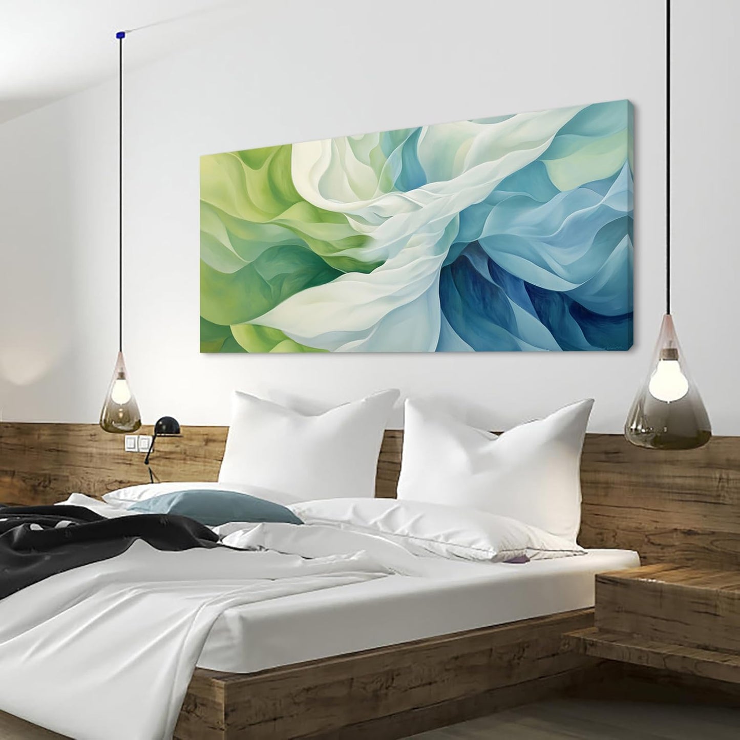 LASMOND Abstract Lines Wall Art for Living Room Canvas Prints Aqua Turquoise Blue Green Artwork Paintings Decor Bedroom Office Girl Woman (46x23 Inches)