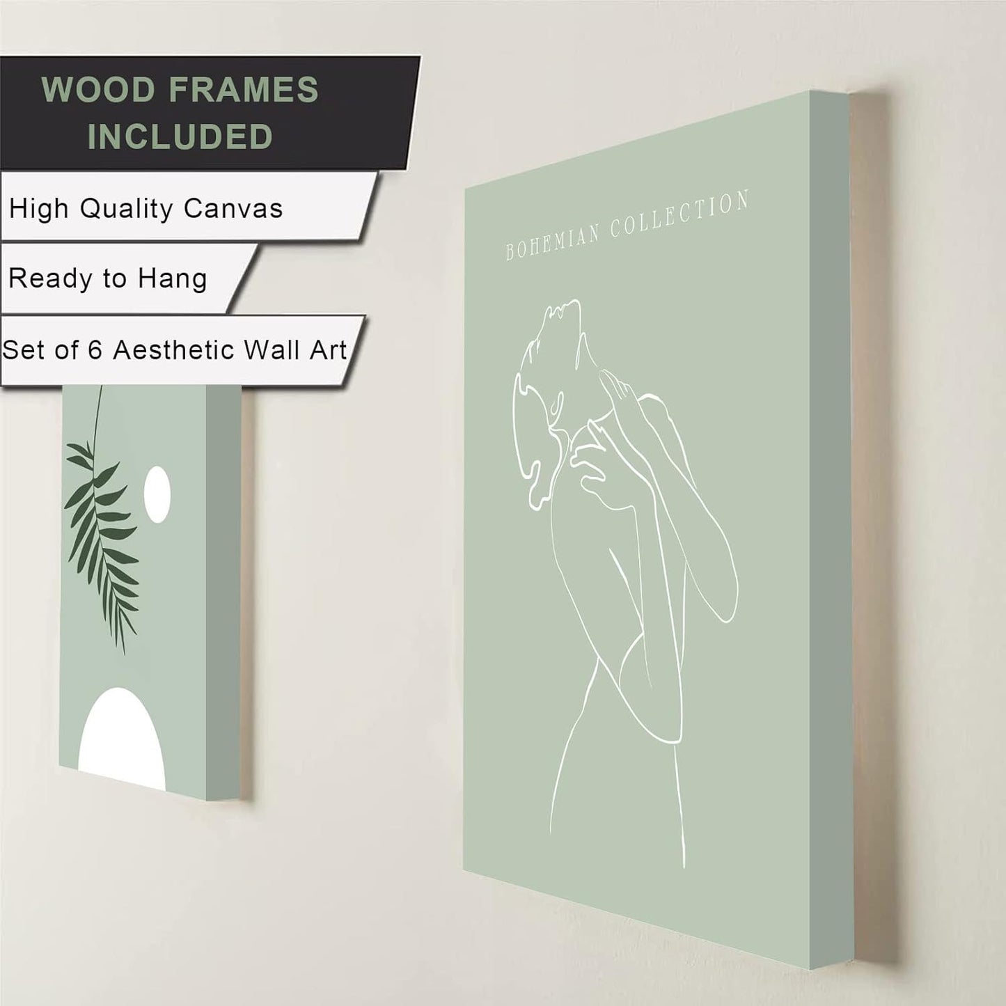 KIOSSUT FRAMED Sage Green Matisse Wall Art, Aesthetic Pictures for Wall, Women Body Line Art Leaf Boho Art Prints, 8x10 Inch, Framed)