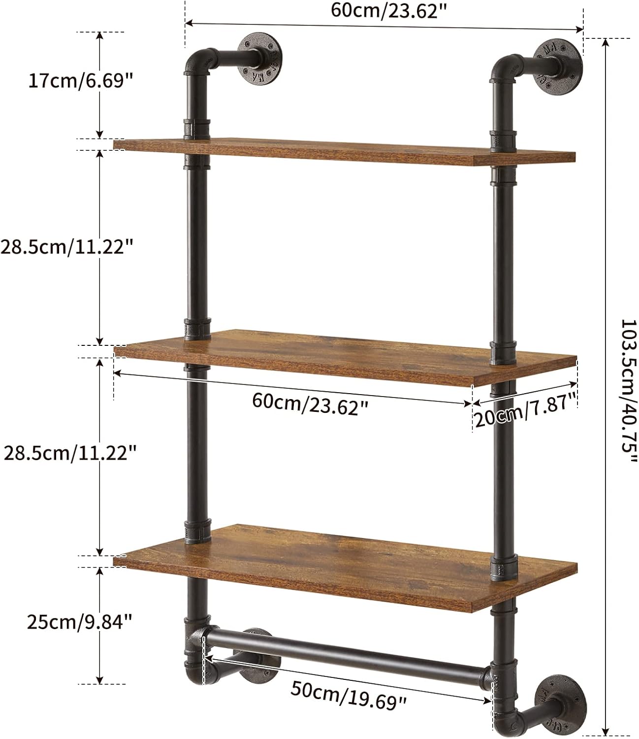IBUYKE Industrial Pipe Shelf,40.5 inches Wall Mount Bookcase,3-Tier Wall Shelf with Towel Bar,Rustic Iron Pipe Floating Shelvesfor Bedroom,Kitchen,Living Room,Bathroom URF-TM015
