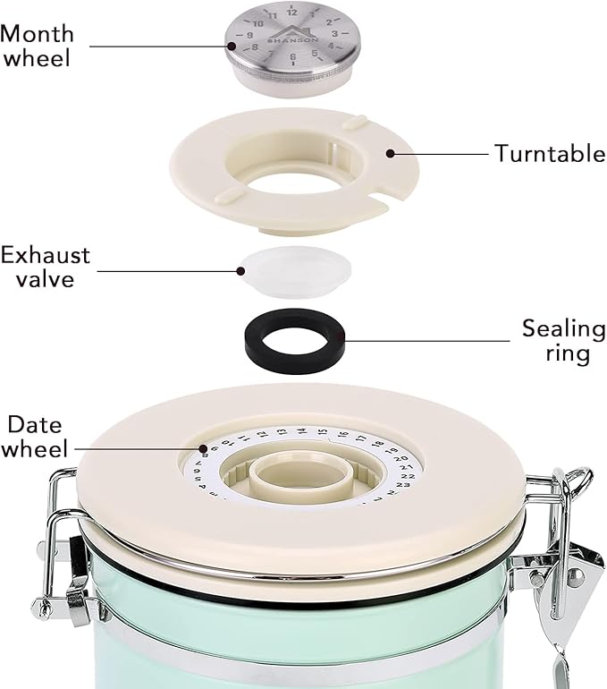 ShanSon Coffee Canister Airtight Coffee Container Stainless Steel Coffee Bean Storage Container with CO2 Release Valve and Scoop Coffee Canister for Beans,Grounds,Sugar,Flour,Tea,Cereal,11OZ,Green