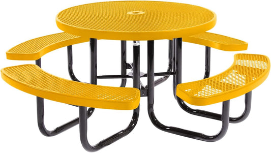 Heavy-Duty Portable Outdoor Picnic Table with Umbrella Hole, Expanded Metal Commercial-Grade Patio Dining Furniture Made in America (46" Round Top, Textured Yellow)