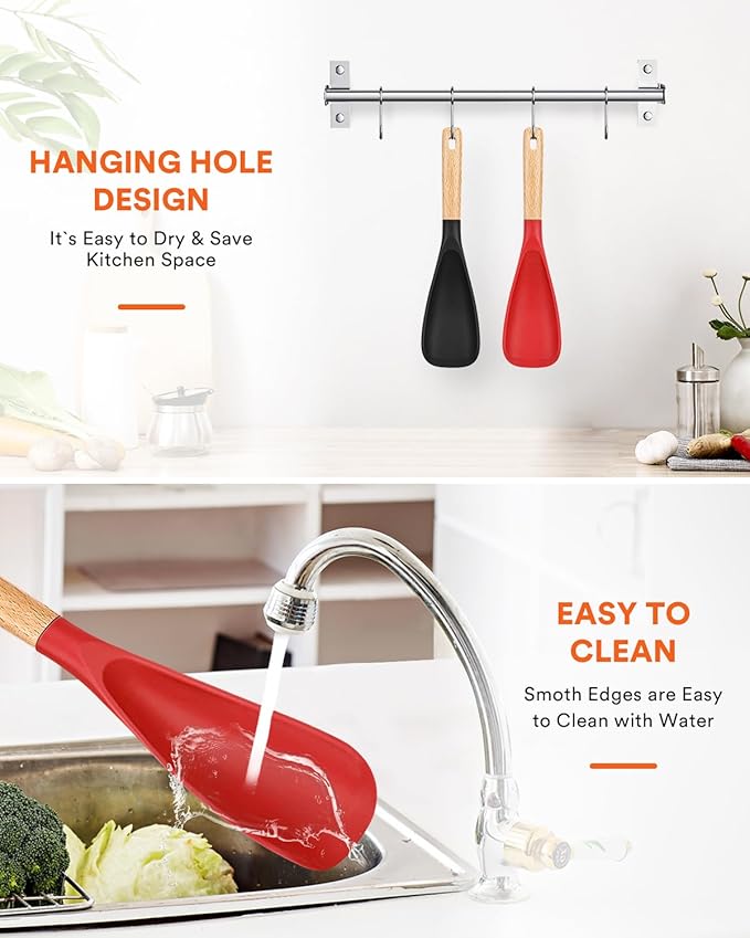 Cooking Spoon for Nonstick Cookwares, Great for Cooking and Serving Sturdy BPA-Free Matte Silicone, Wood Handle Spoon for Mixing, Scoop, and Scrape (Black & Red, 11.4 inch)