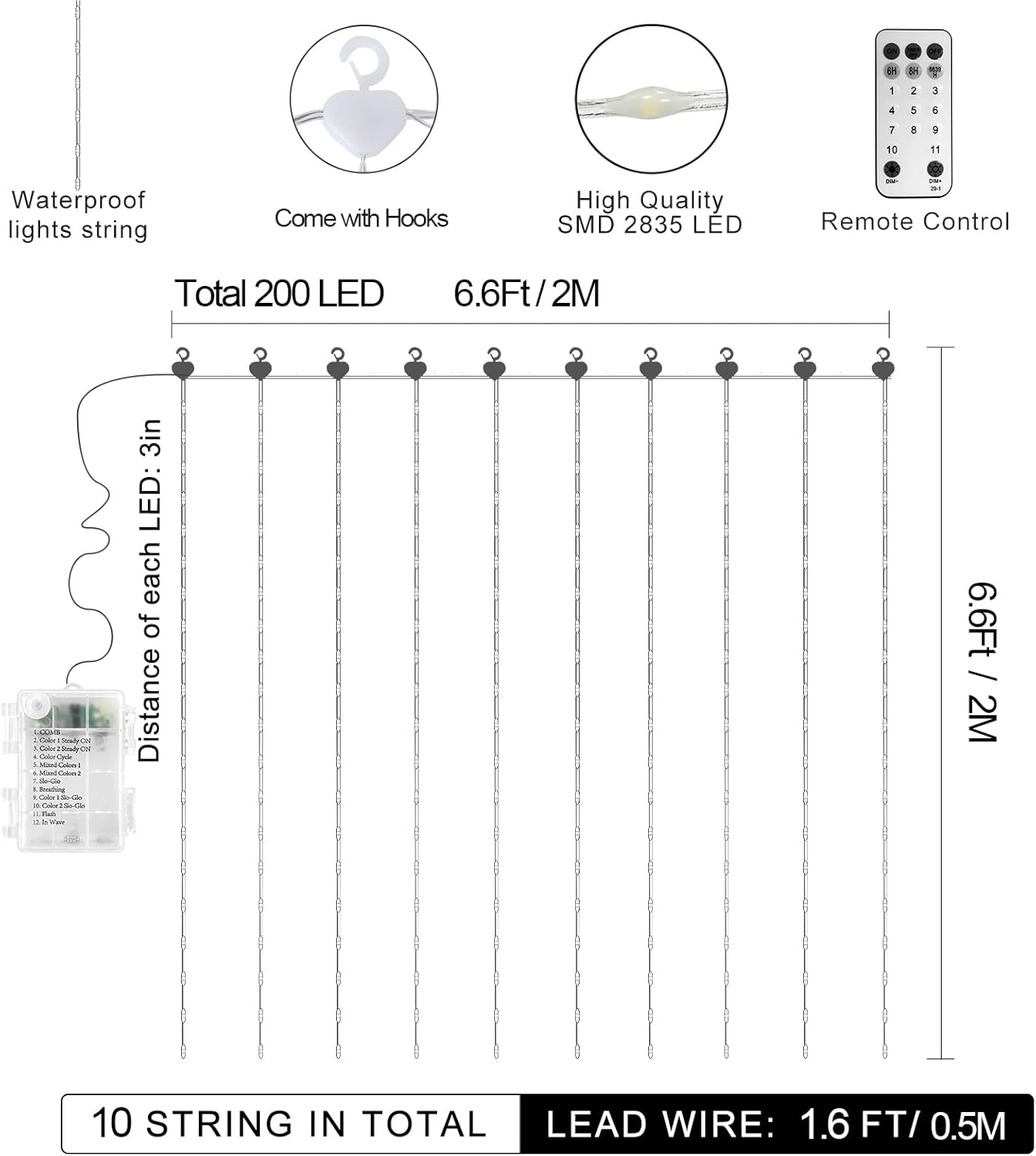 Curtain Lights Battery Operated, 200 LED 6.6Ft x 6.6Ft Dual Color Changing with Remote Timer, Outdoor Curtain Lights Waterproof for Wedding Bedroom Holiday Party Decor (Warm White & Multicolor)