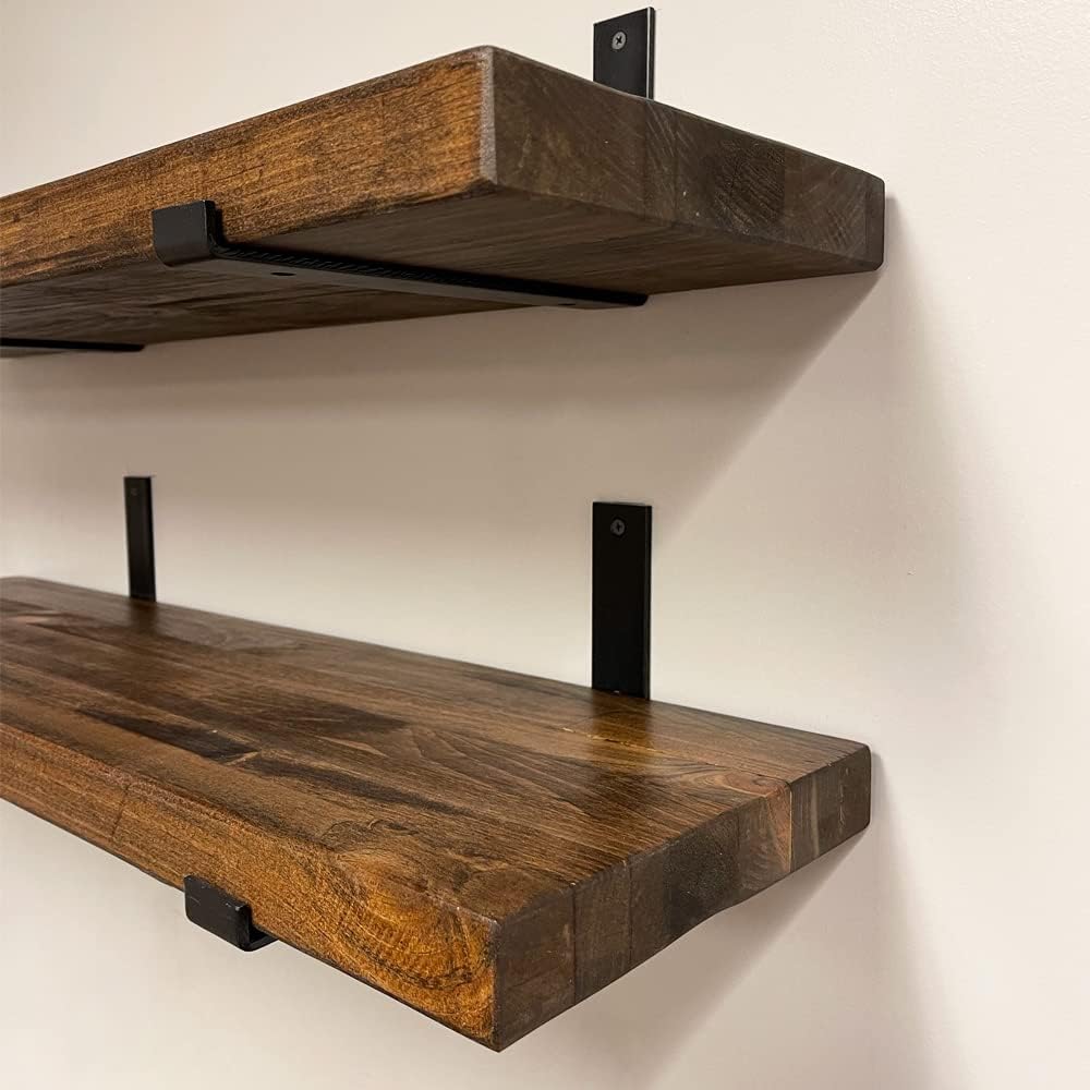 Rustic Shelves with J-Brackets Set of 2, Industrial Shelf, Kitchen Shelves, Solid Wood, Decorative Wall Storage, Heavy Duty, URBANDI (Provincial, 12Wx6D)