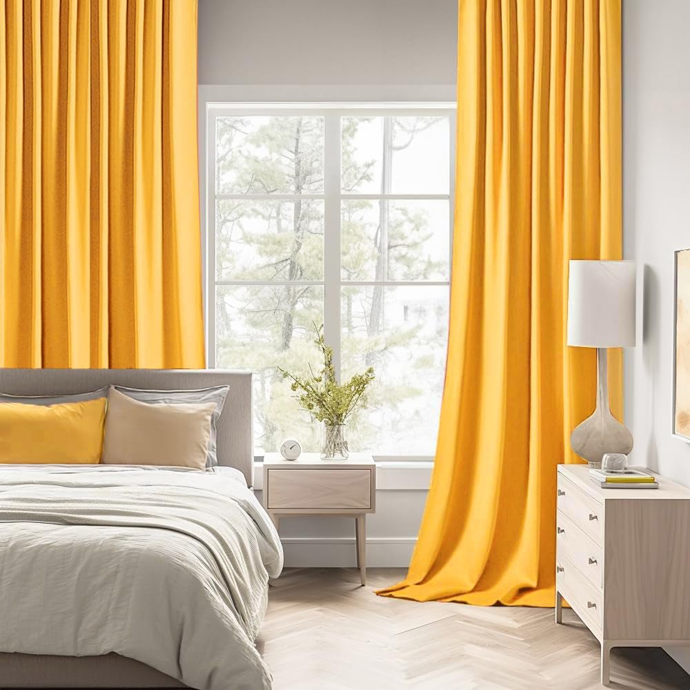 MIULEE Yellow Back Tab Blackout Curtain 96 Inch Long 2 Panels Set for Bedroom, Rod Pocket/Pinch Pleat Thermal Insulated Living Room Darkening Pleated Light Blocking Floor to Ceiling Drape