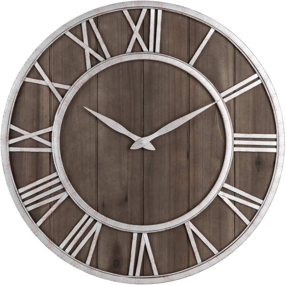 Oldtown Farmhouse Metal & Solid Wood Noiseless Wall Clock (Dark Brown, 18-inch)