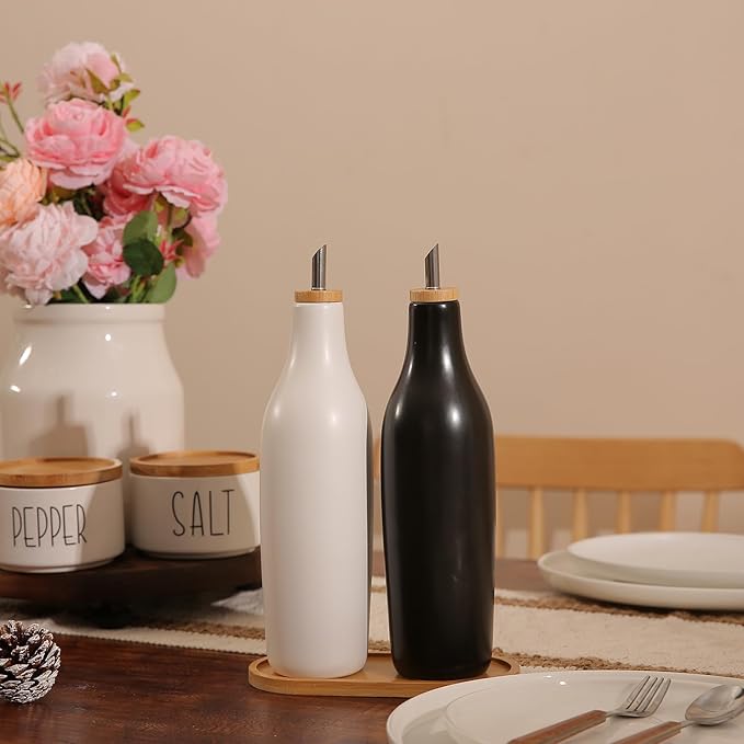 HOMCDALY Olive Oil and Vinegar Dispenser Set, Two 16oz Ceramic Oil Dispenser for Kitchen, Kitchen Dispenser Bottle for EVOO Vinegar Syrups, Modern Farmhouse Design| Set of 2 –Black &white