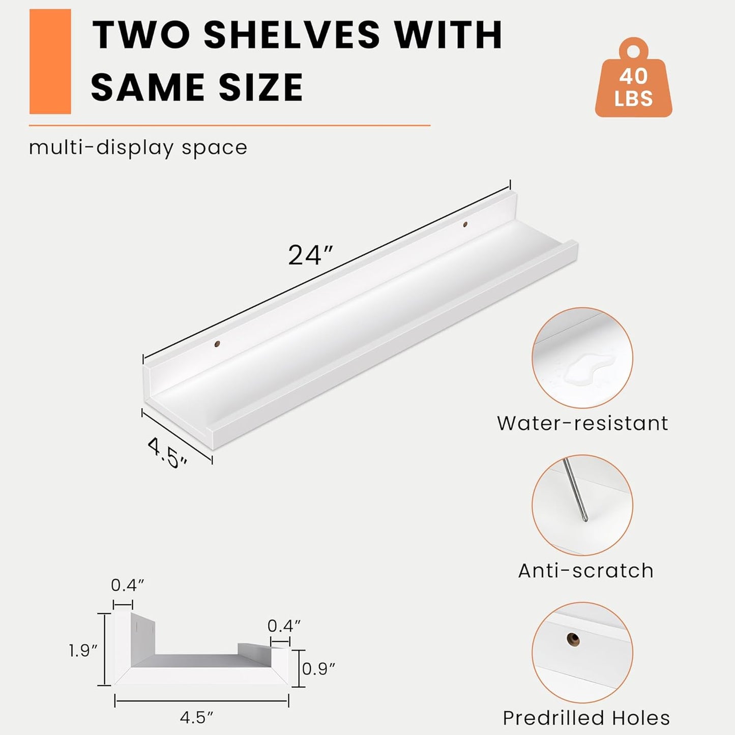 Heimlove Picture Ledge Shelf, Floating Shelves Set of 2, 24 Inches Picture Shelf for Wall with Ledge, Kids Bookshelf Wall Mounted for Living Room Bedroom Decor Books Photo Frames - White