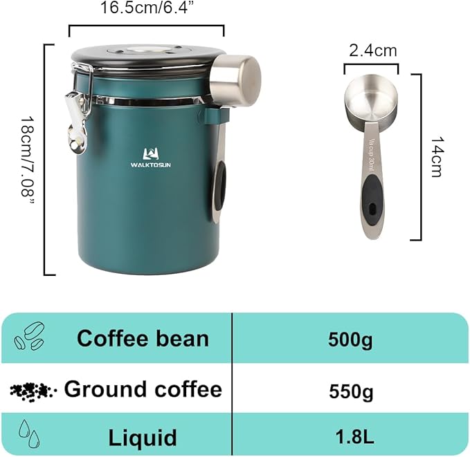Coffee Canister Airtight Storage Container Stainless Steel Air Tight Coffee Jar with Scoop, Date Tracker CO2 Release Valve for Dry Food, Beans, Ground, Tea, Flour, Cereal and Sugar (Green)
