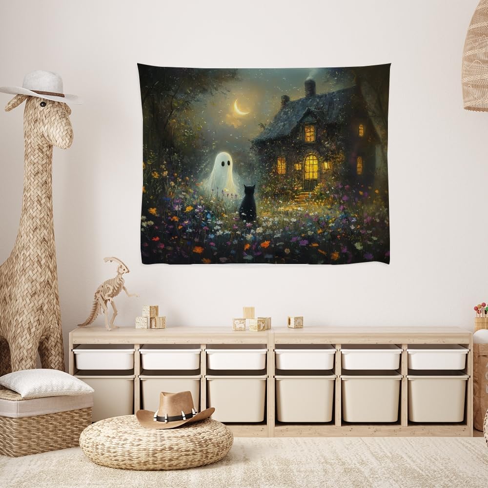 Halloween Black Cat and Ghost Tapestry Wall Hanging for Spooky Cute Bedroom Decor Dark Academia Moon Wildflower Cottage Tapestries Aesthetic for Home Living Room Decoration 30x40inch