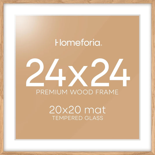 Homeforia 24x24 Wood Picture Frame, High End Natural Oak 24 x 24 Square Light Wooden Poster Frame with Mat 20 by 20 Photo, 24by24 Large Frames Matted to 20x20 Print, Tempered Glass, Wall Kit, Set of 1