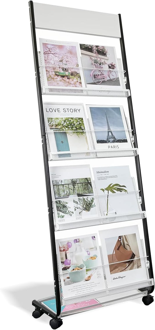 4-Tier Floor-Standing Magazine Rack with Wheels – Perfect Brochure Display Stand for Exhibitions, Offices, and Information Hubs (Black-White)