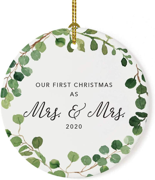 Andaz Press Custom Year Round Ceramic Porcelain Christmas Tree Ornament Keepsake Collectible Gift, Our First Christmas as Mrs. & Mrs. 2025, Farmhouse Eucalyptus Wreath, 1-PackLesbian Couple