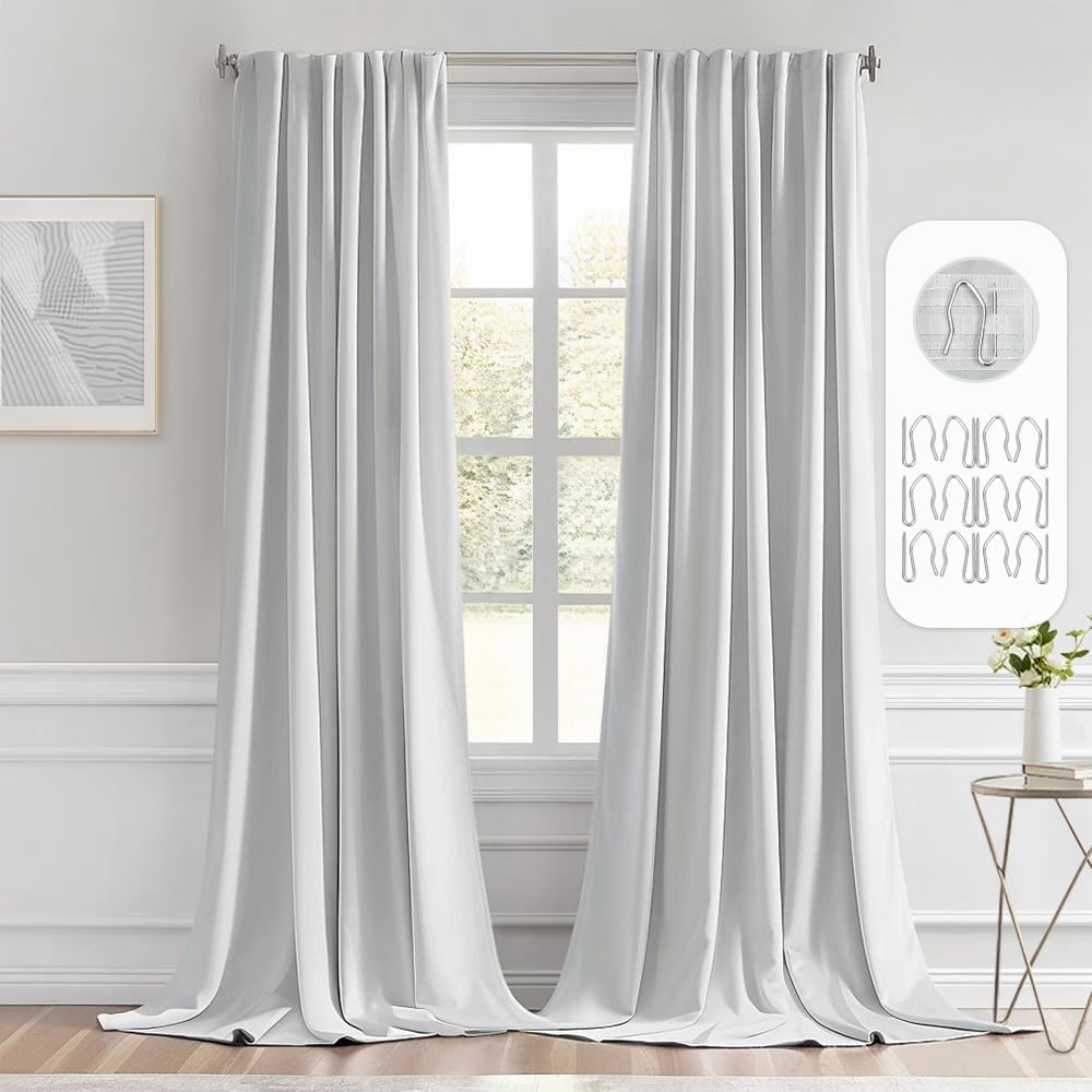 MIULEE Back Tab Light Blocking Curtains 120 Inch Long 2 Panels Set for Living Room Bedroom, Greyish White Rod Pocket/Pinch Pleated Extra Long Thermal Insulated Room Darkening Blackout Curtains/Drapes