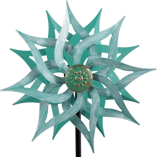 Viveta Metal Wind Spinners,53.5" Kinetic Wind Sculptures,Green Garden Pinwheels Double Layer Windmill for Outdoor Patio Lawn Yard