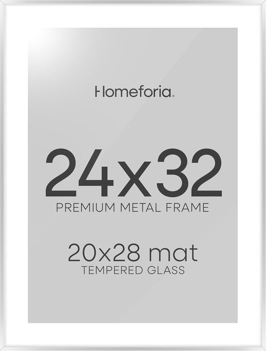 Homeforia Poster Frame 24x32 Silver, High End Metal 24 x 32 Large Picture Frame with Mat 20 x 28 Photo, 24x32 Silver Frames Matted to 20x28 Print, 32x24 Thin Frames, Tempered Glass, Wall Kit, Set of 1