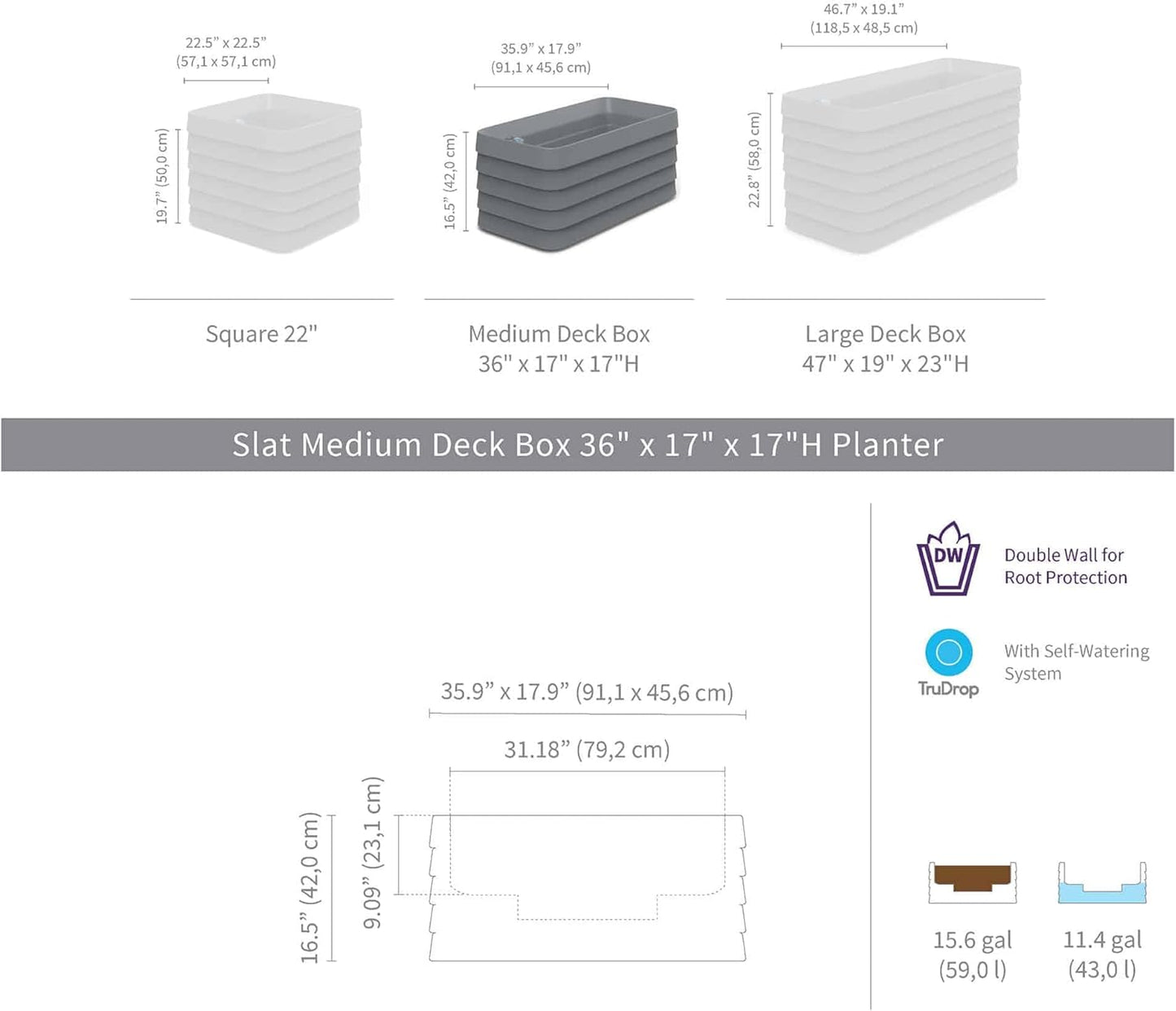 Crescent Garden Slat Medium Rectangular Planter Box for All-Weather - Self-Watering Outdoor Deck Box Planter for Flowers and Herbs (Caviar Black, 36'' x 17'' x 17''H)