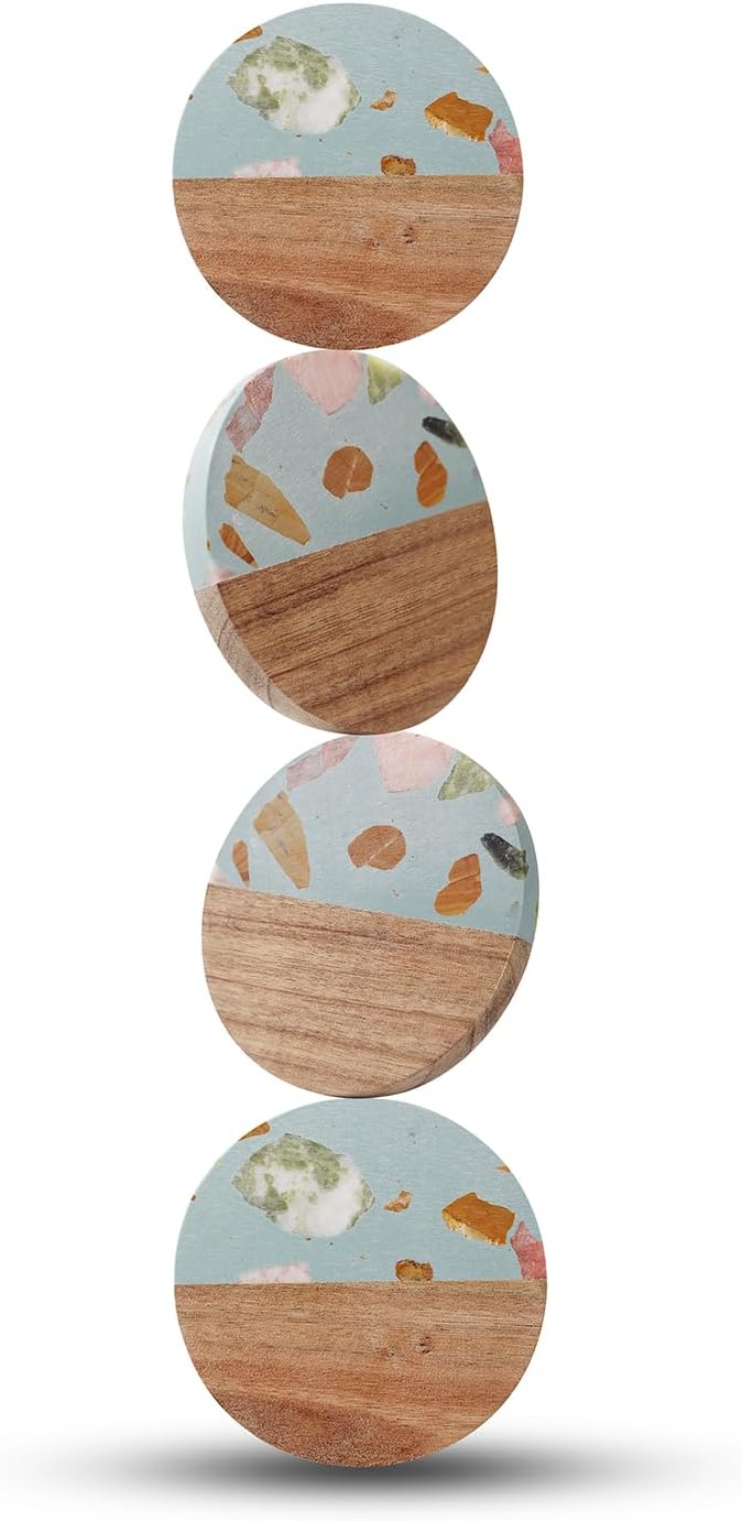 Drink Acacia Wood-Marble Coasters Set of 4,Cup Coaster for Coffee,Beverage,Cute Modern Cool Coasters for Home Decor,Table Desk Coaster Set for Housewarming,Living Room Decor (Green-Wooden)