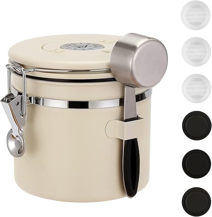 ShanSon Coffee Canister Airtight Coffee Container Stainless Steel Coffee Bean Storage Container with Scoop Coffee Canister for Beans Grounds Sugar Flour Tea Cereal,11OZ, Beige