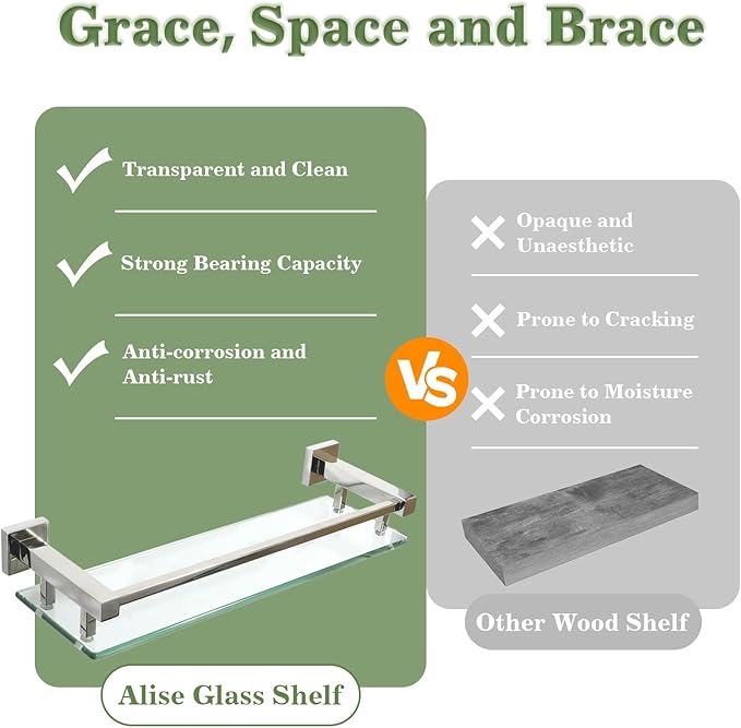 Alise Bathroom Glass Shelf with Stainless Steel Railing, Polished Chrome Small Tempered Glass Floating Wall Shelf Over The Toilet, 16 inch