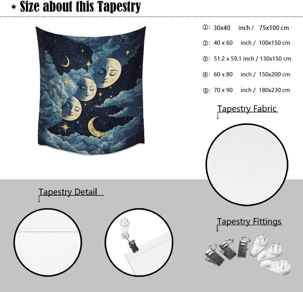 Blue Moon Faces Tapestry Celestial Wall Art Dark Academia Aesthetic Print Stars Clouds Tapestries Wall Hanging whimsical Gothic Home Decor for Bedroom Living Room 70x90inch