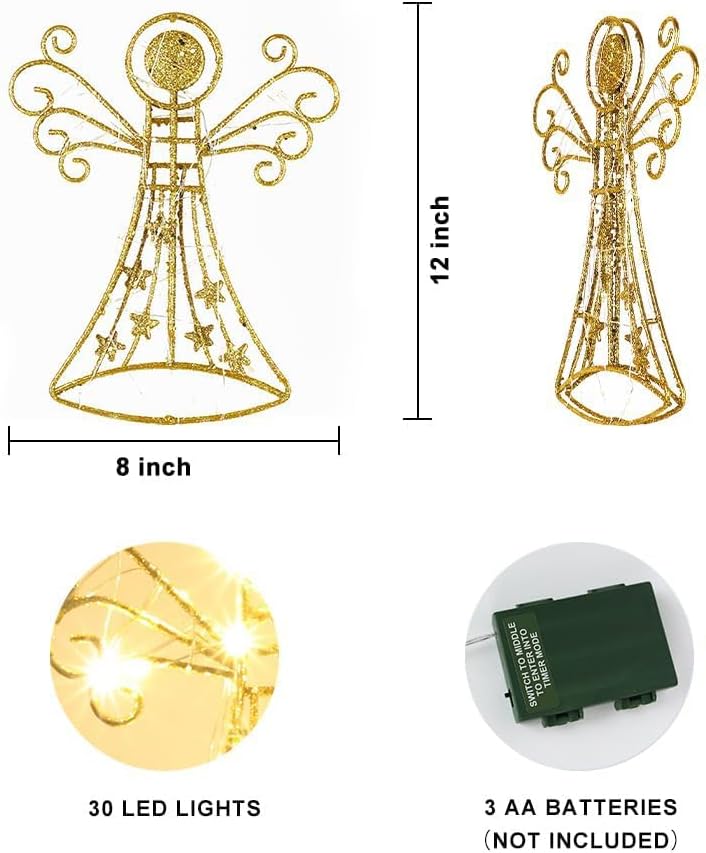 hogardeck Christmas Tree Topper, Glittered Gold Angel Tree Topper for Christmas Treetop, 30 LED Timer Sparkling Tree Toppers for Christmas Tree Decorations