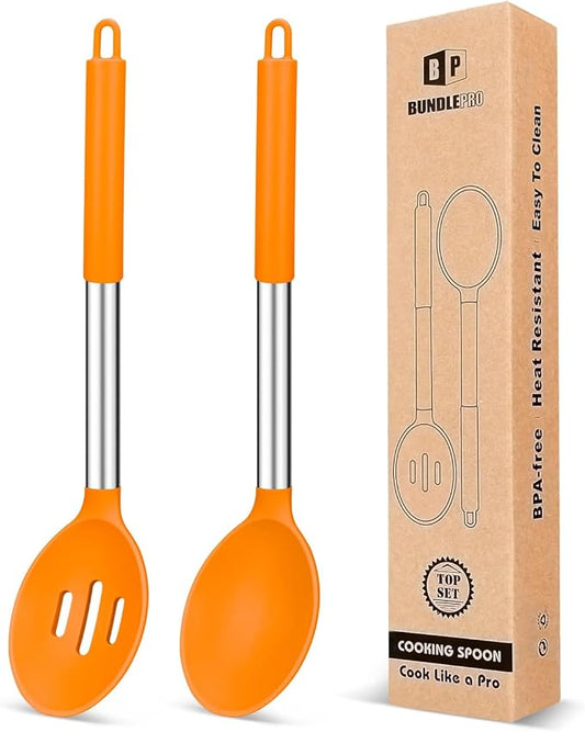 Pack of 2 Large Silicone Cooking Spoons,Non Stick Solid Basting Spoon,Heat-Resistant Kitchen Utensils for Mixing,Serving,Draining,Stirring (ORANGE)