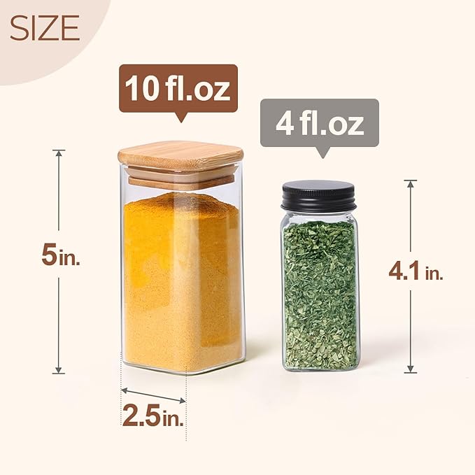 ComSaf 6Pcs 10 oz Large Spice Jars with Label Trial Set, Glass Spice Jars with Bamboo Lids Supplementary Set, Seasoning Container Trial Pack, Perfect for Ktichen Starter