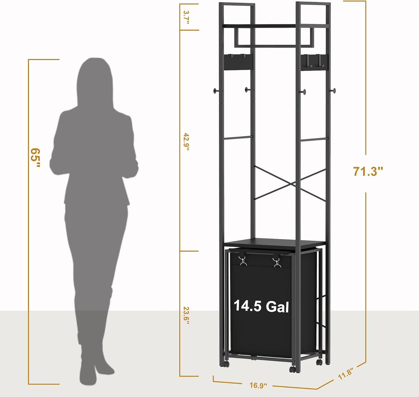 Coat Rack with Laundry Basket, Laundry Hamper Freestanding Hall Tree, Clothes Rack with Storage Shelves, 14.5 Gal Removable Bags on Wheels, Black JLH005B