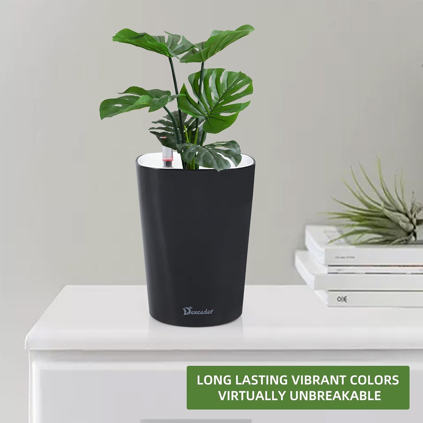 Dexceder 6x7 Self Watering Planter Indoor Outdoor, High Gloss Table Flower Plant Pot with Water Level Indicator (Black)