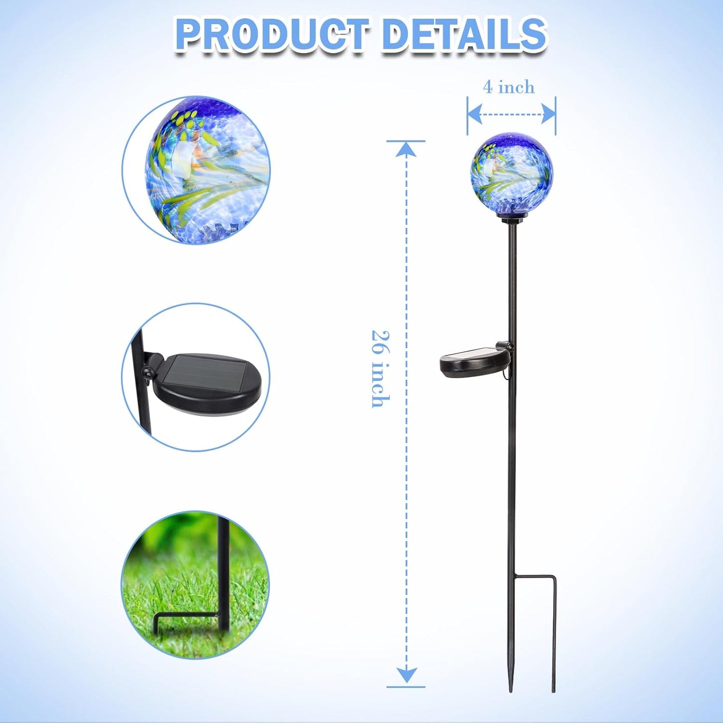 Solar Lights Outdoor Decorative Solar Outdoor Decorative Glass Ball Stakes Waterproof Garden Stake Glass LED Garden Globe Lights for Pathway Yard Lawn Decoration Blue