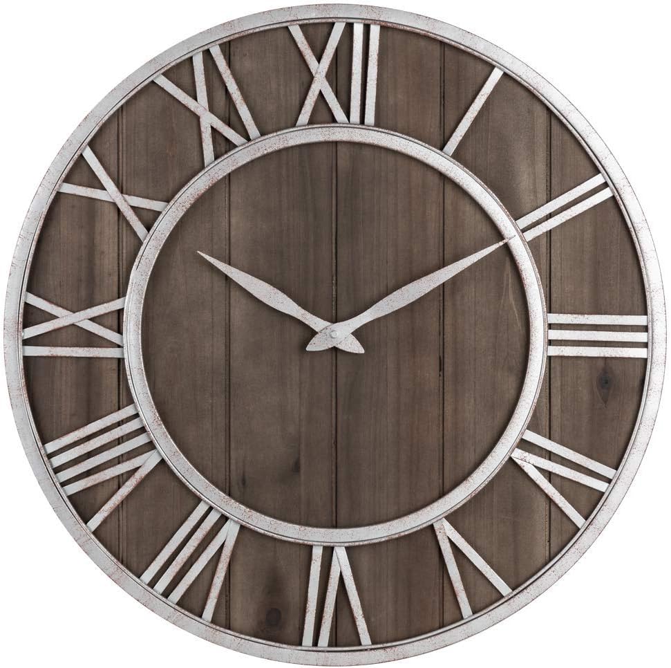 Oldtown Farmhouse Metal & Solid Wood Noiseless Wall Clock (Dark Brown, 30-inch)