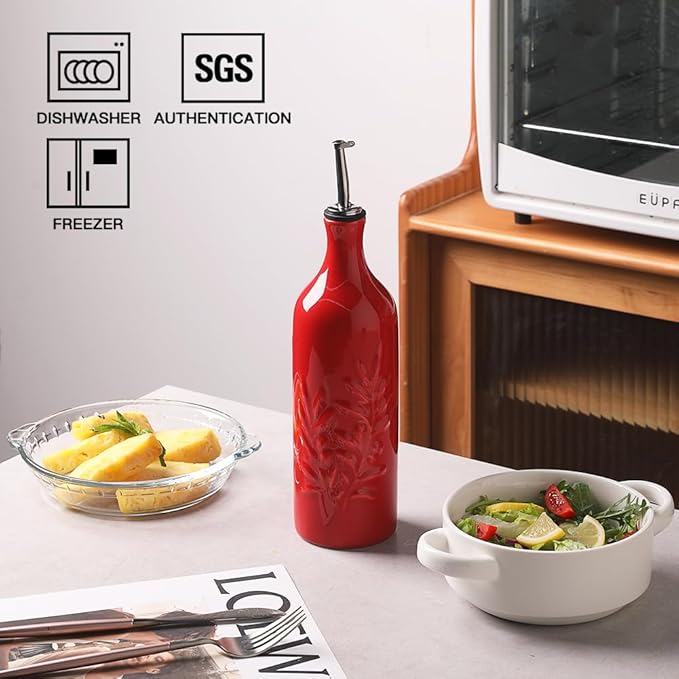 Sweejar Large Ceramic Olive Oil Dispenser Bottle, 24 Oz Relief Opaque Oil Cruet Protects Oil To Reduce Oxidation, Storage Vinegar, Soy Sauce, Coffee Syrup, Liquids, Set of 1 (Red)