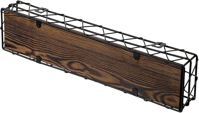 MyGift 14 Inch Wall Mounted Kitchen Spice Racks, Rustic Burnt Solid Wood and Black Metal Wire Geometric Hanging Organizers for Seasoning Jars or Condiment Bottles, Set of 3