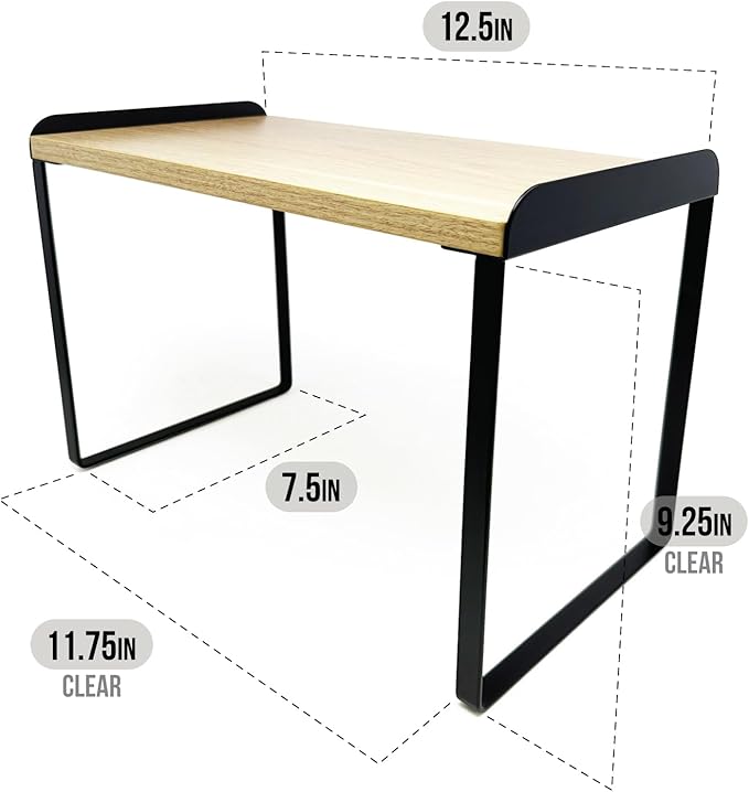 Mitus Shelf Organizer and Storage, Tiered Wood Cabinet Rack for The Kitchen Counter, Bathroom Counter, Pantry Cupboard, Office Desk Bookshelf, 12" Wide Natural and Black (Large)