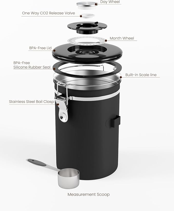 HAIOOU Large Coffee Canister, 38OZ Oversized Stainless Steel Coffee Bean Storage Container with Date Tracker, Measuring Scoop, CO2 Releasing Valves for Beans, Grounds and more - Black