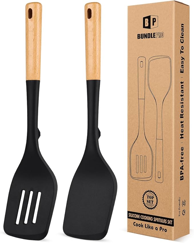 Pack of 2 Large Silicone Spatula, Heat Resistant Solid Turner, Non Stick Slotted Spatulas with Wooden Handle, Ideal Kitchen Utensils for Flipping, Pancakes, Eggs, Fish(BLACK)