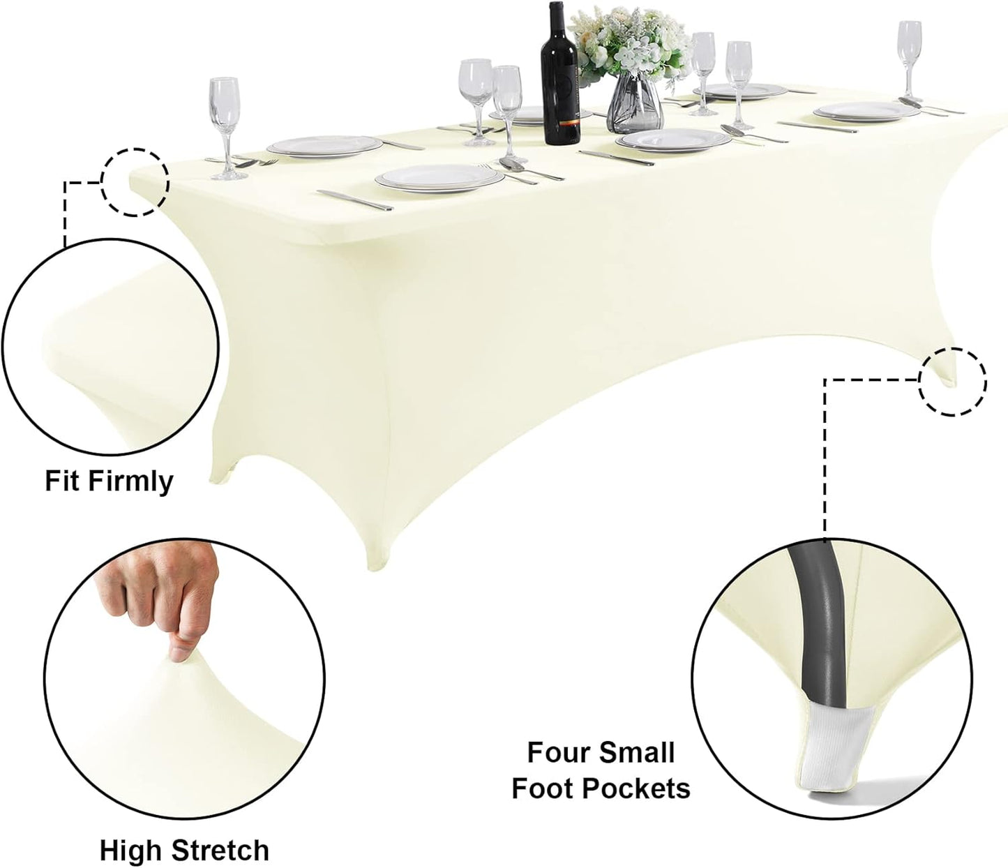 SuperO 2Pack Waterproof Spandex Table Cover for 8FT Table Universal Fitted Stretch Tablecloth for Party, Banquet, Wedding and Events-Ivory