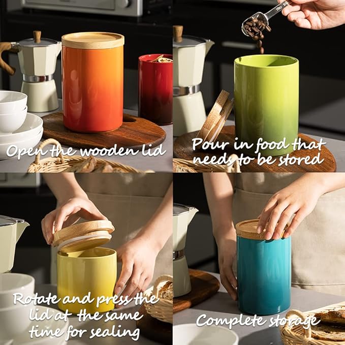Sweejar Ceramic Food Storage Jar, Stackable Kitchen Canisters, Containers with Airtight Seal Wooden Lid for Serving Ground Coffee, Tea, Sugar, Salt and More - 16 Fl Oz (Gradient Gray)