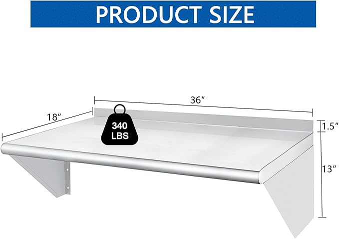 HARDURA Stainless Steel Shelf 18" x 36", 340lb Commercial Shelves Wall Mount Metal Shelving with Backsplash and Brackets for Kitchen, Restaurant, Laundry Room and Home