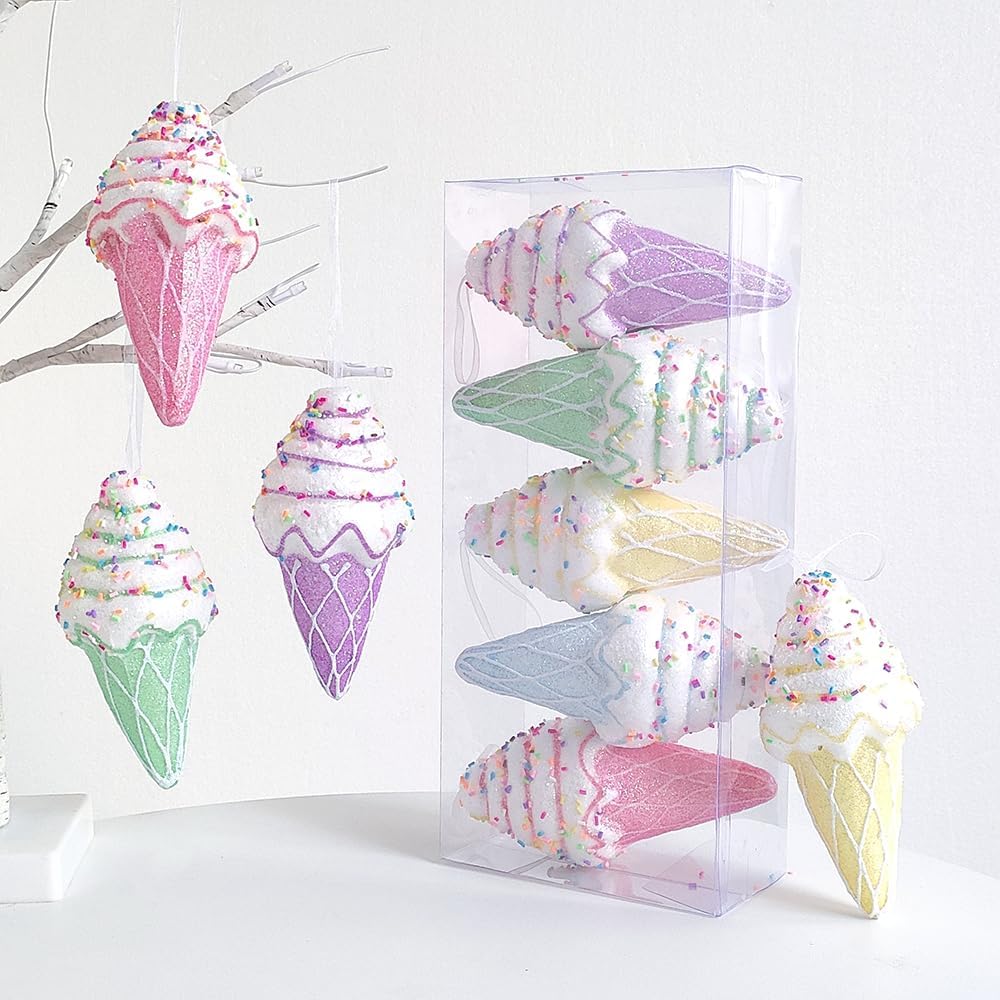 Macaron Color Dessert Ice Cream Pendant Set - 5pcs Christmas Tree Hanging Candy Gift for Xmas, New Year, Birthday Parties