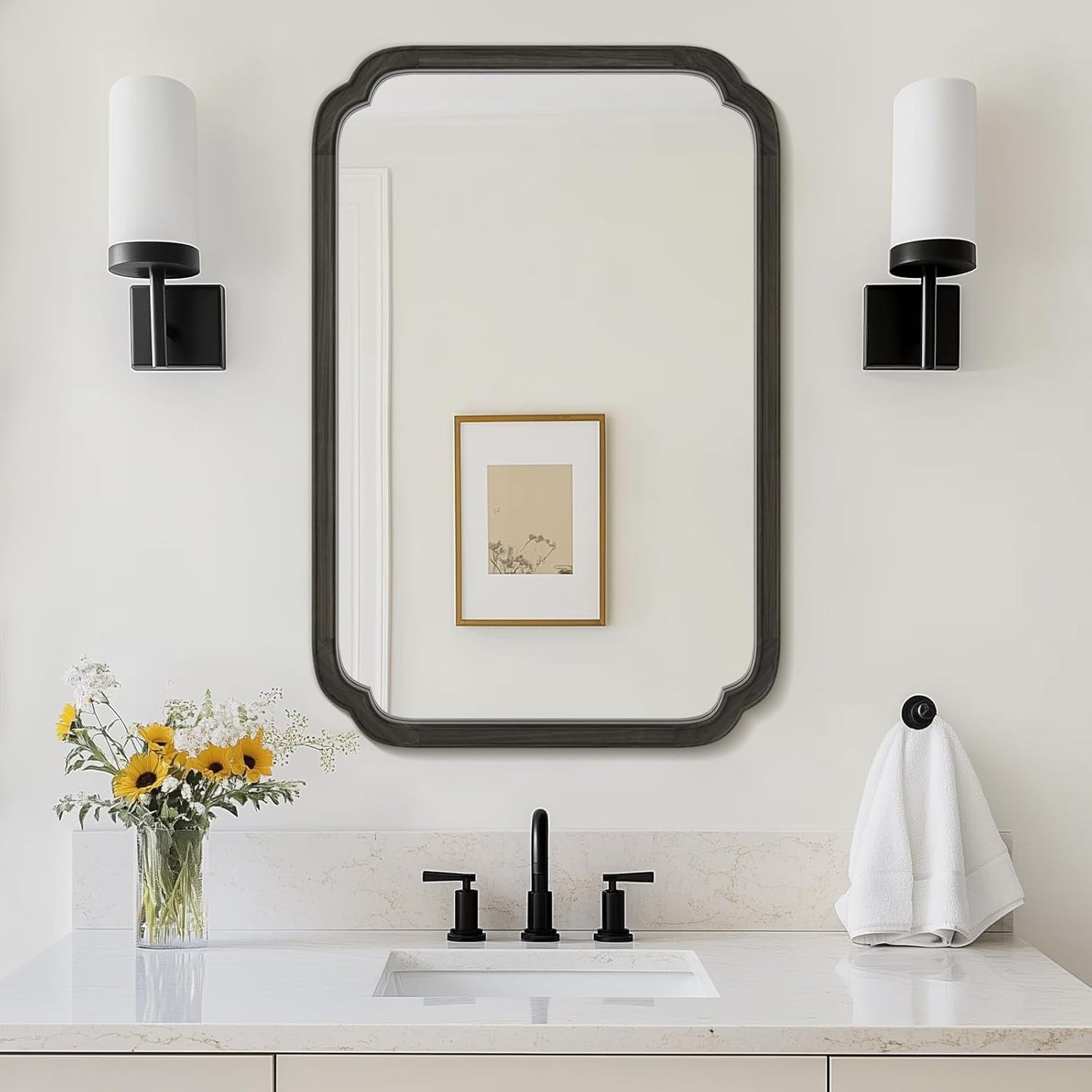 WallBeyond 24" x 36" Rounded Corner Arch Wall Mirror with Wood Frame for Entryway, Living Room or Bedroom Home Decor - Light Woodgrain [24" x 36" Black]