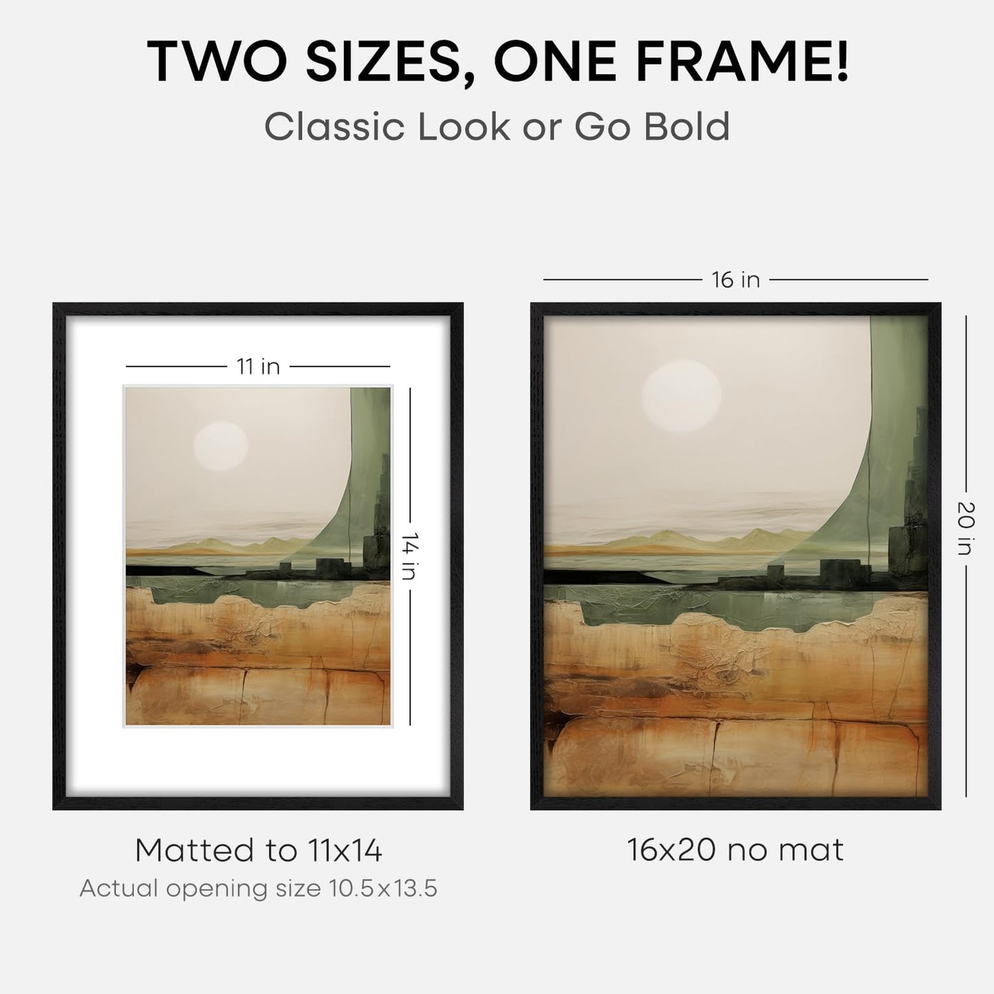 Homeforia 16x20 Black Wood Frame, High End Oak 16x20 Picture Frames with Mat 11x14 Photo, 16 x 20 Wooden Poster Frame Matted to 11 by 14 Print, 20x16 Hanging Frames, Tempered Glass, Wall Kit, Set of 1