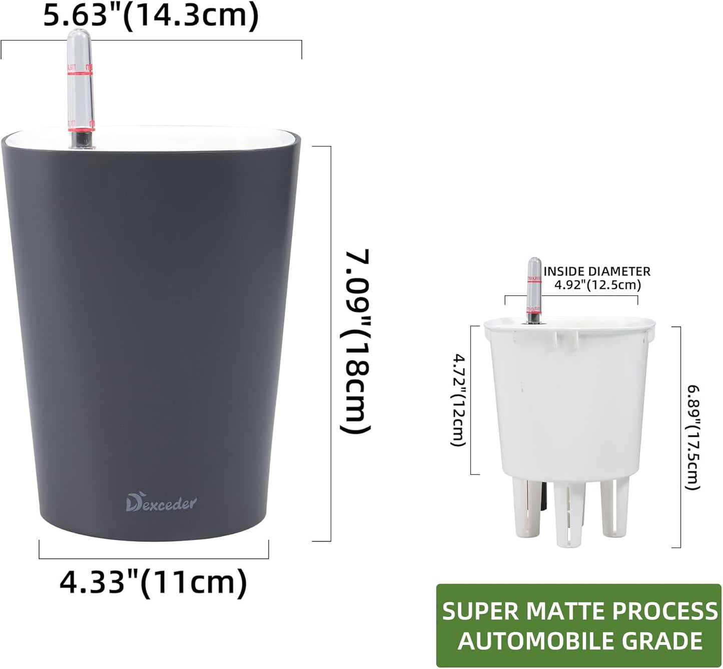 Dexceder 6x7 Self Watering Planter Indoor Outdoor, Matte Table Flower Plant Pot with Water Level Indicator (Slate Gray)