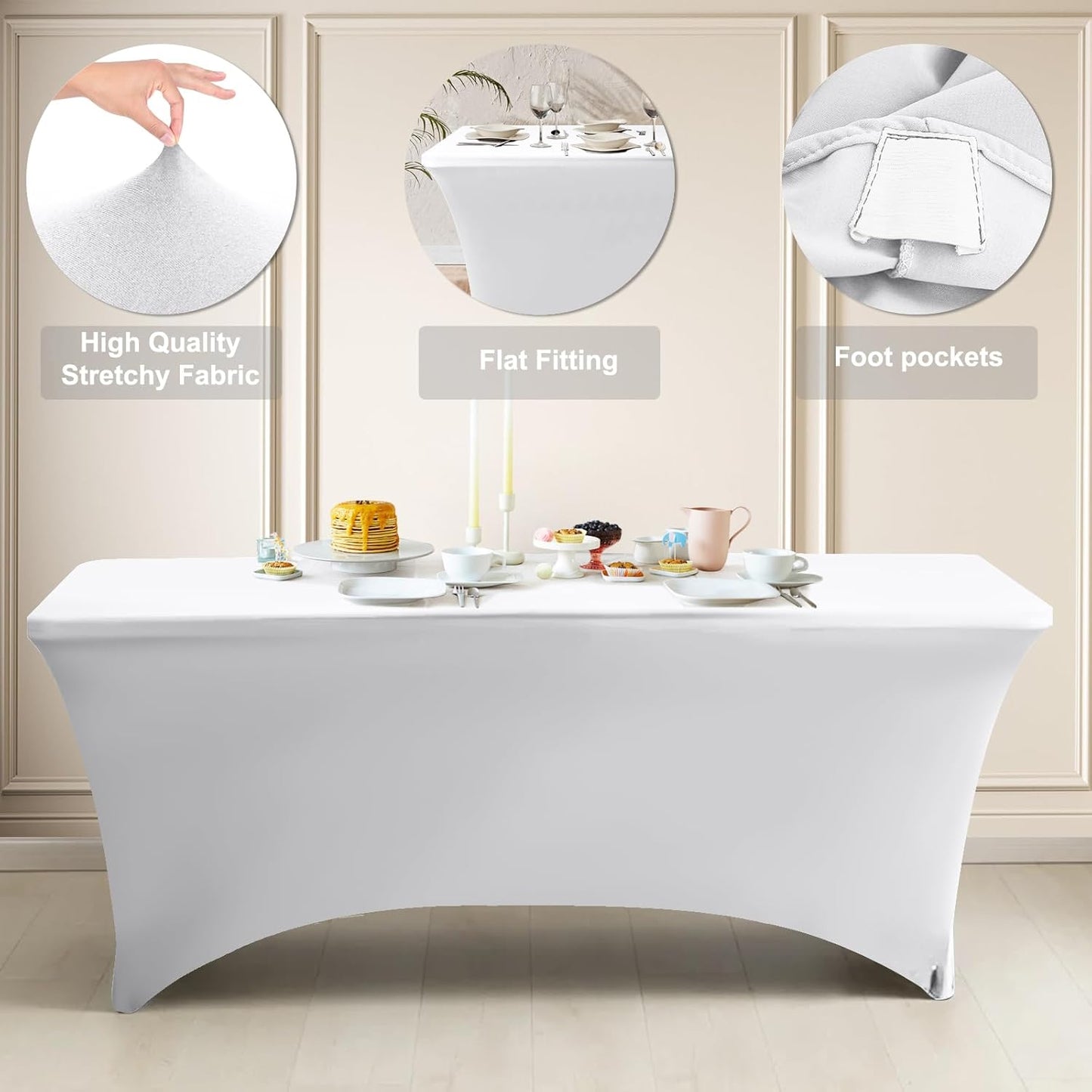 ABCCANOPY 2 Pack 6 FT Off White Spandex Table Cover Stretch Fitted Wrinkle Resistant Tablecloth Reuse for Rectangular Folding Table Patry Event Wedding Banquet Protector