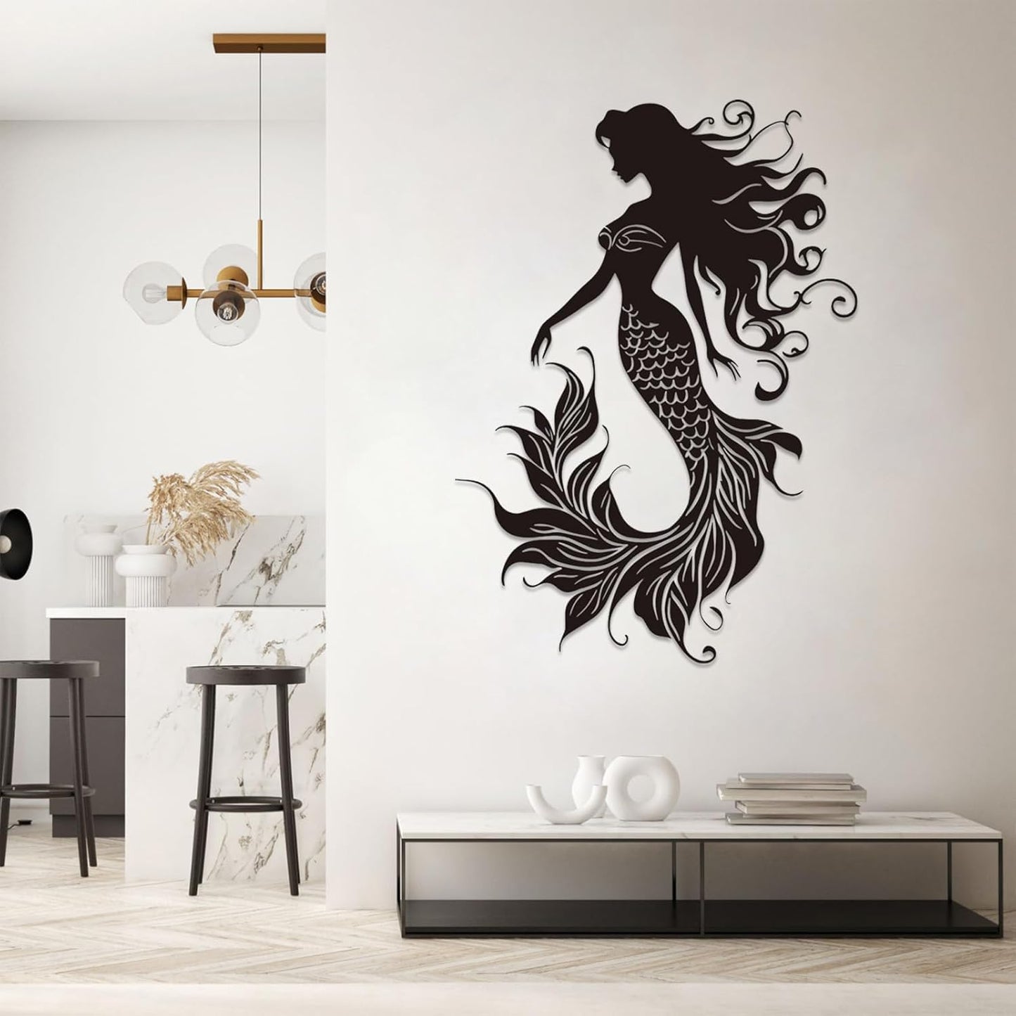 Veplsur Mermaid Metal Wall Art, Metal Mermaid Wall Decor, Marine Biology Wall Decor, Ocean Wall Art, Nautical Wall Hanging, Beach Hanging for Bathroom Bedroom (Silver, 41"x29"|105x75cm)